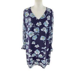 Cabi Ellery Royal Floral Shift Dress Chiffon Knee Length‎ Plum 2XL 4018 Sheath